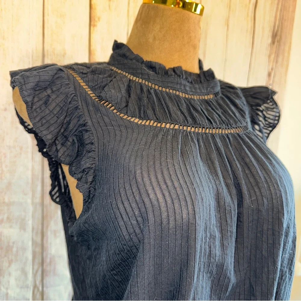 LOFT Black Ruffle flutter and Sleeve Blouse, textured, women’s Sz L, peasant - Picture 3 of 10